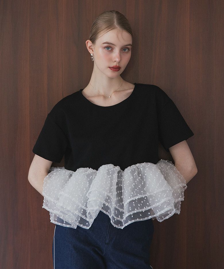 ドットフリルヘムライントップス ドット柄 ヘムライン 裾フリル