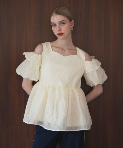 【新品未使用品】Meraki. ペプラムシアーブラウス 白　white セール】ペプラムシアーブラウス（シャツ/ブラウス）｜MERAKI